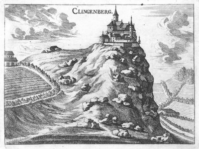 Engraving, View of Klingenberg Castle, Upper Austria by Georg Matthaus Vischer